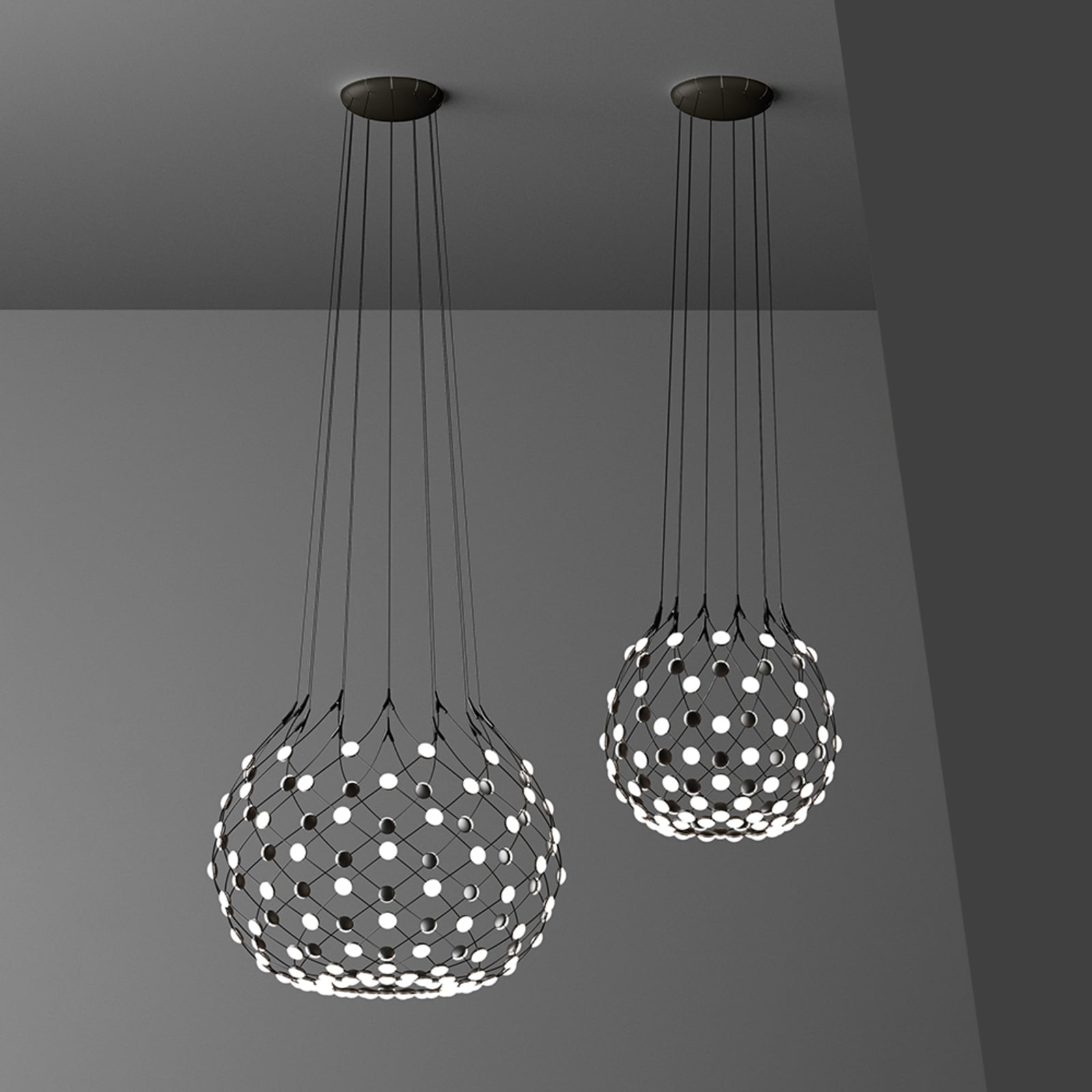 LED pendellampe Mesh dimbar Ø100 cm 64W varmhvit fra Luceplan med detalj av oppheng