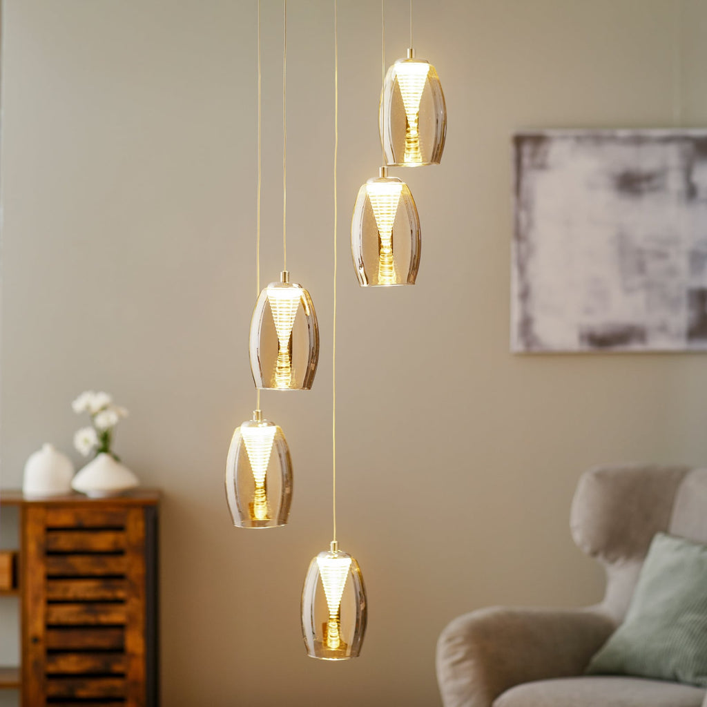 LED pendellampe Metropolis 5-lys røykglass dimbar Ø33 cm forfra