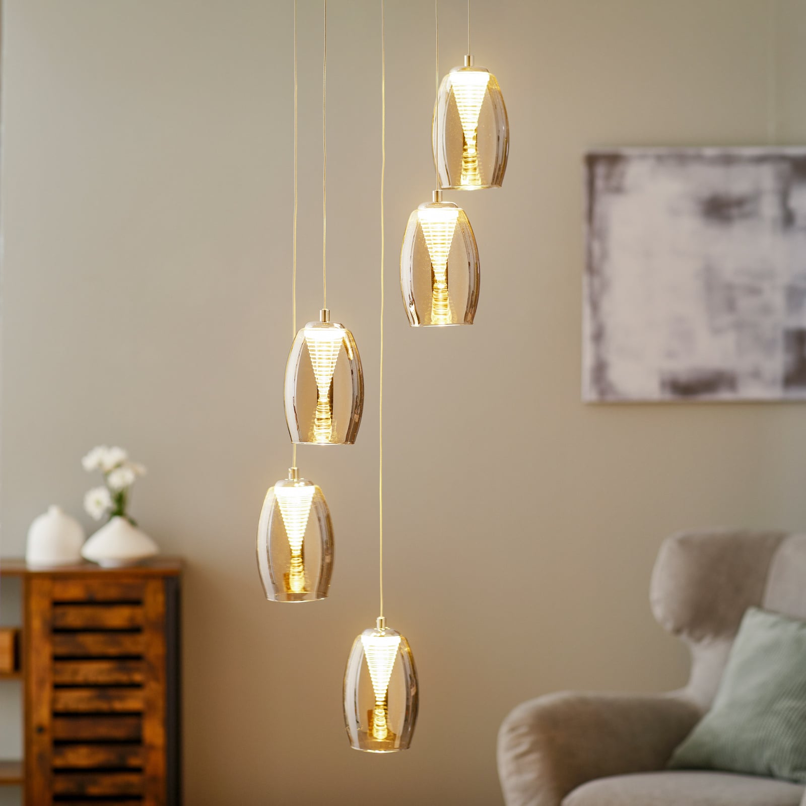 LED pendellampe Metropolis 5-lys røykglass dimbar Ø33 cm forfra