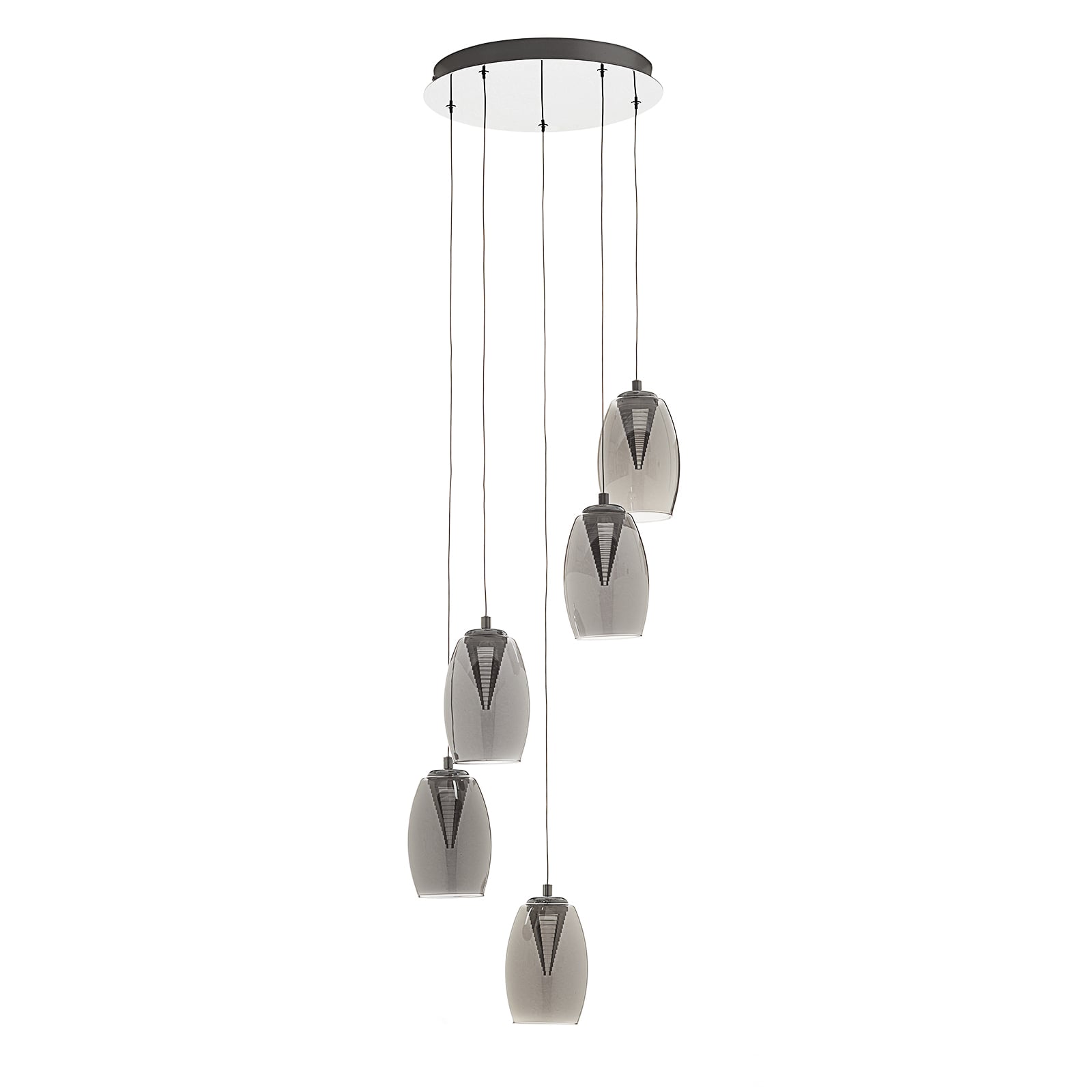 LED pendellampe Metropolis 5-lys røykglass dimbar Ø33 cm detalj av skjerm