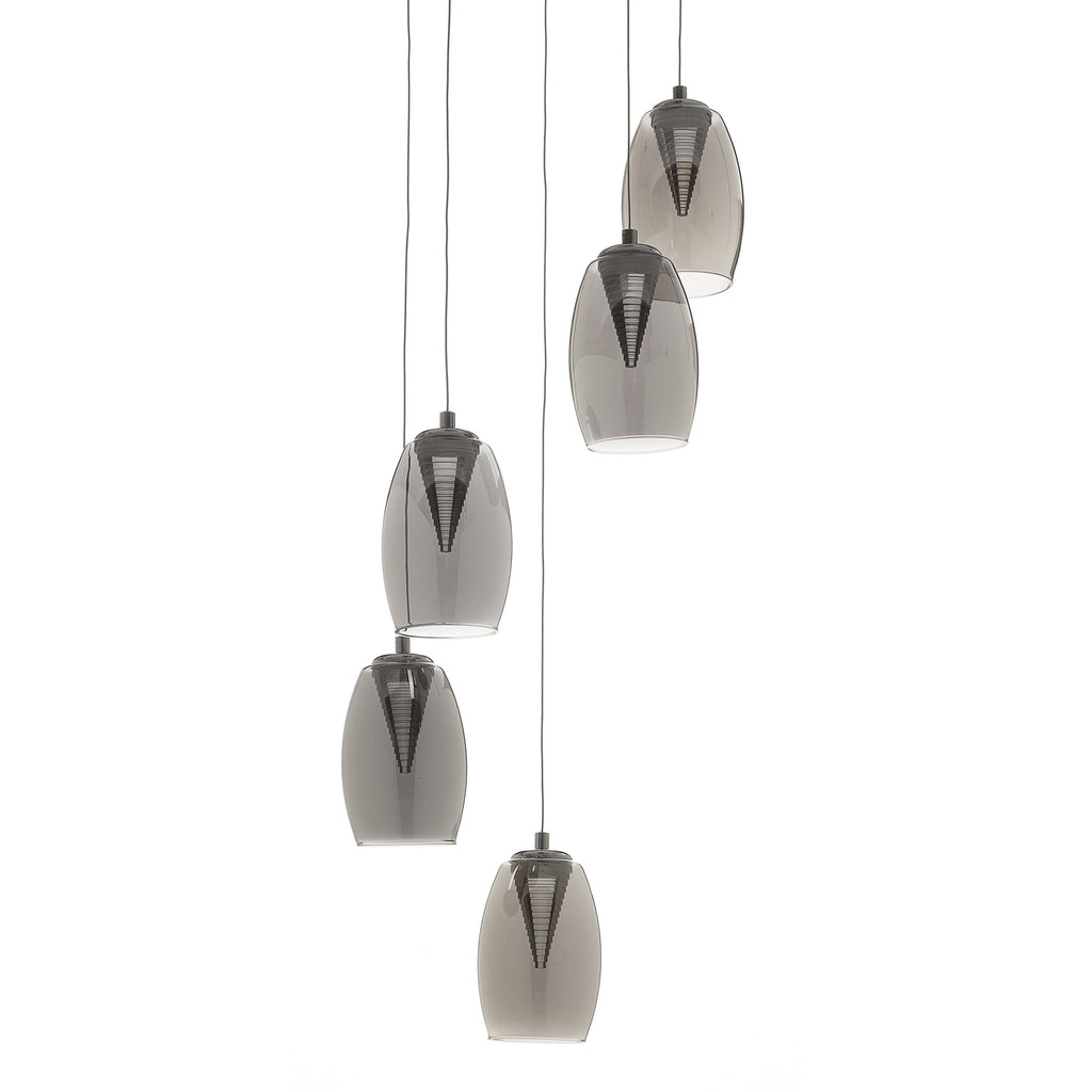 LED pendellampe Metropolis 5-lys røykglass dimbar Ø33 cm montert i rom