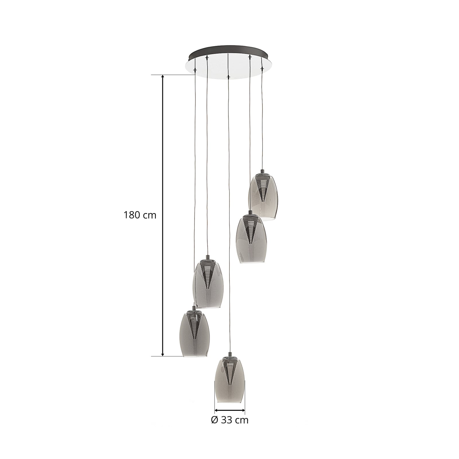 LED pendellampe Metropolis 5-lys røykglass dimbar Ø33 cm lys i mørkt rom