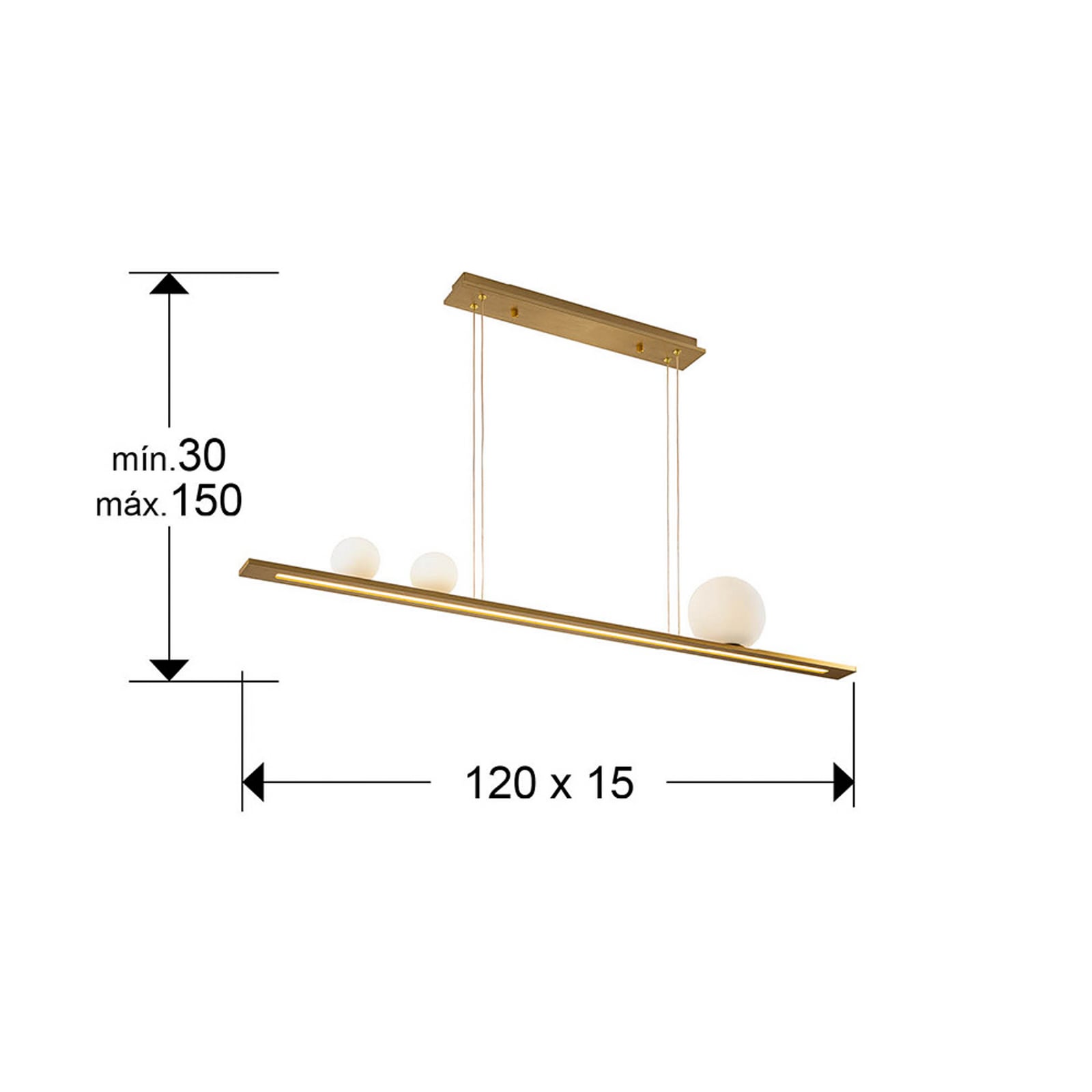 Detalj av LED pendellampe Mila 3-lys gull aluminium 120 cm dimbar