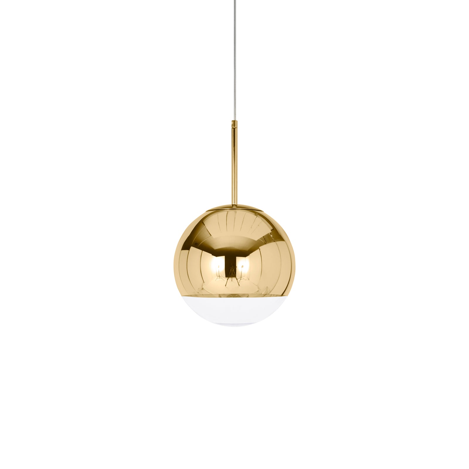 Bakside av LED pendellampe Mirror Ball gull dimbar Ø25 cm