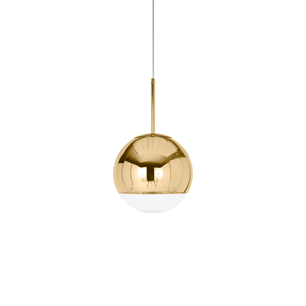 Bakside av LED pendellampe Mirror Ball gull dimbar Ø25 cm