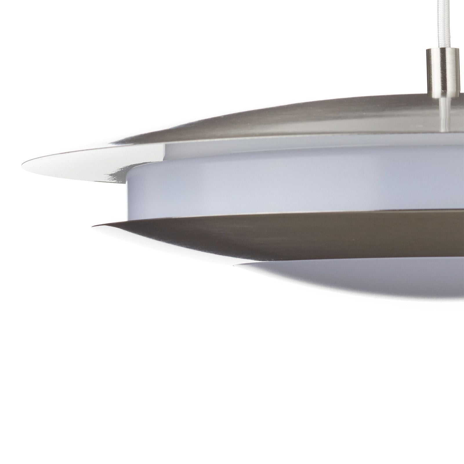 Nærbilde av LED pendellampe Moneva-C matt nikkel Ø40,5 cm tekstil og plast