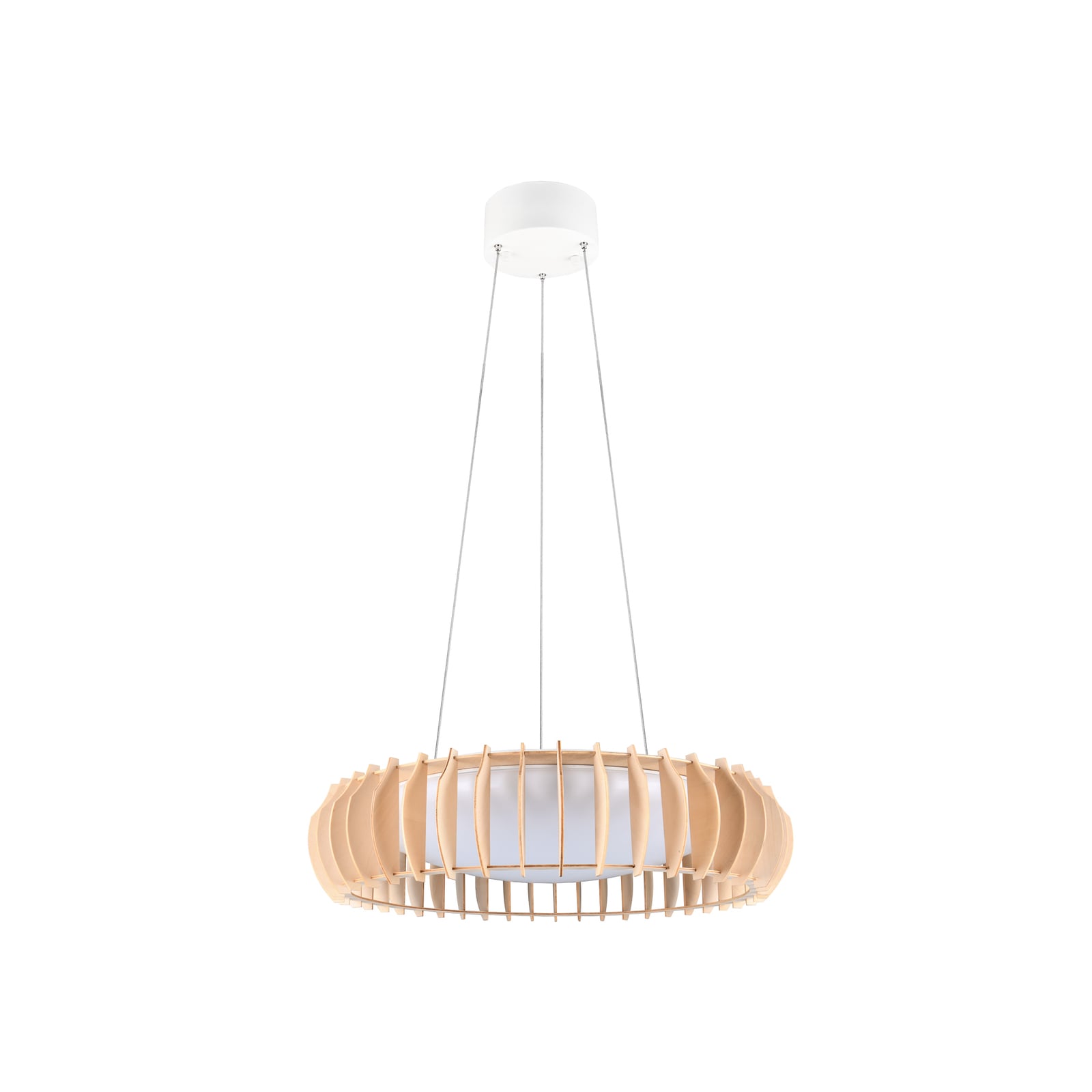 LED pendellampe Monte tre Ø60 cm dimbar CCT fjernkontroll detalj av trelameller