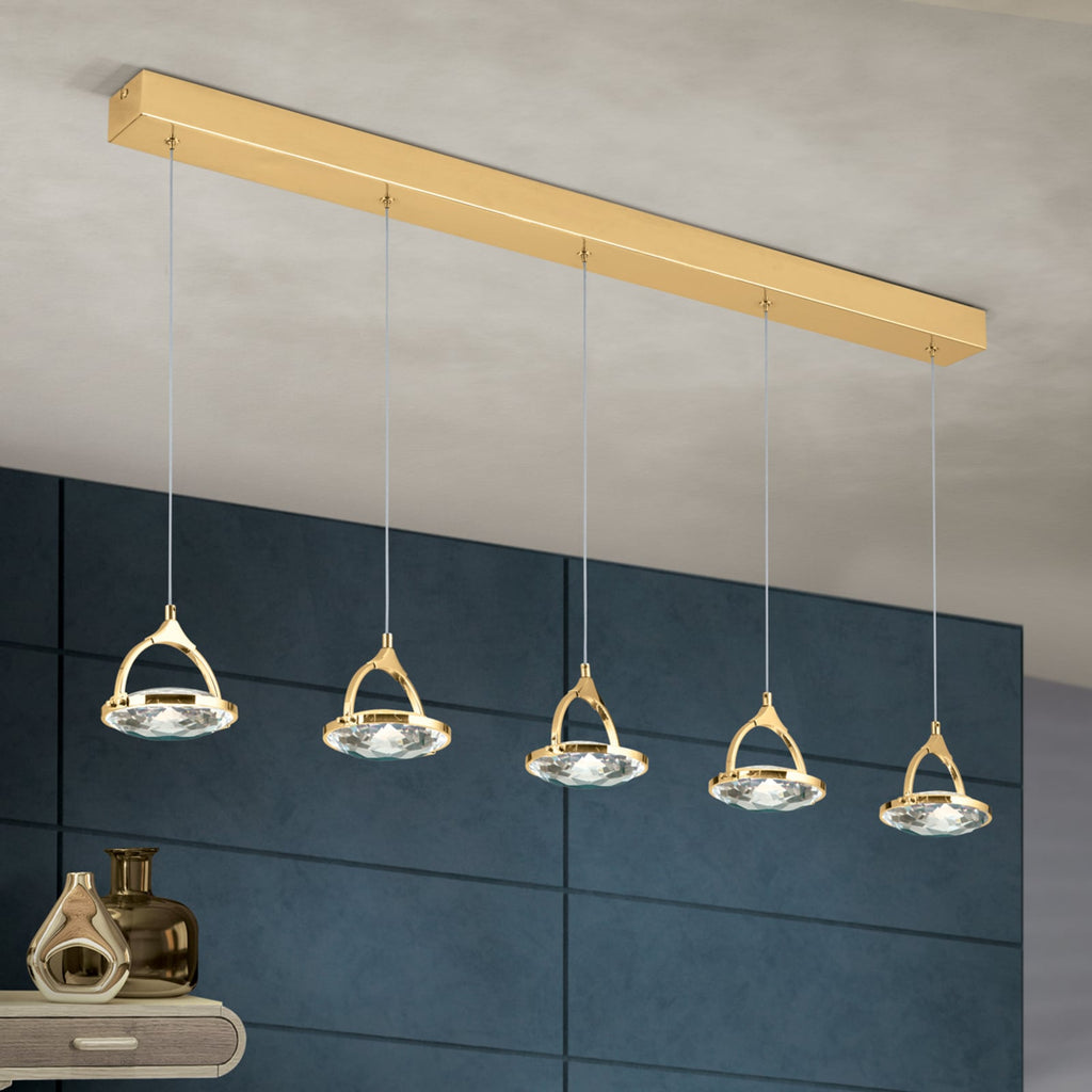 LED pendellampe Moon 5-lys gull krystall 100 cm dimbar forfra