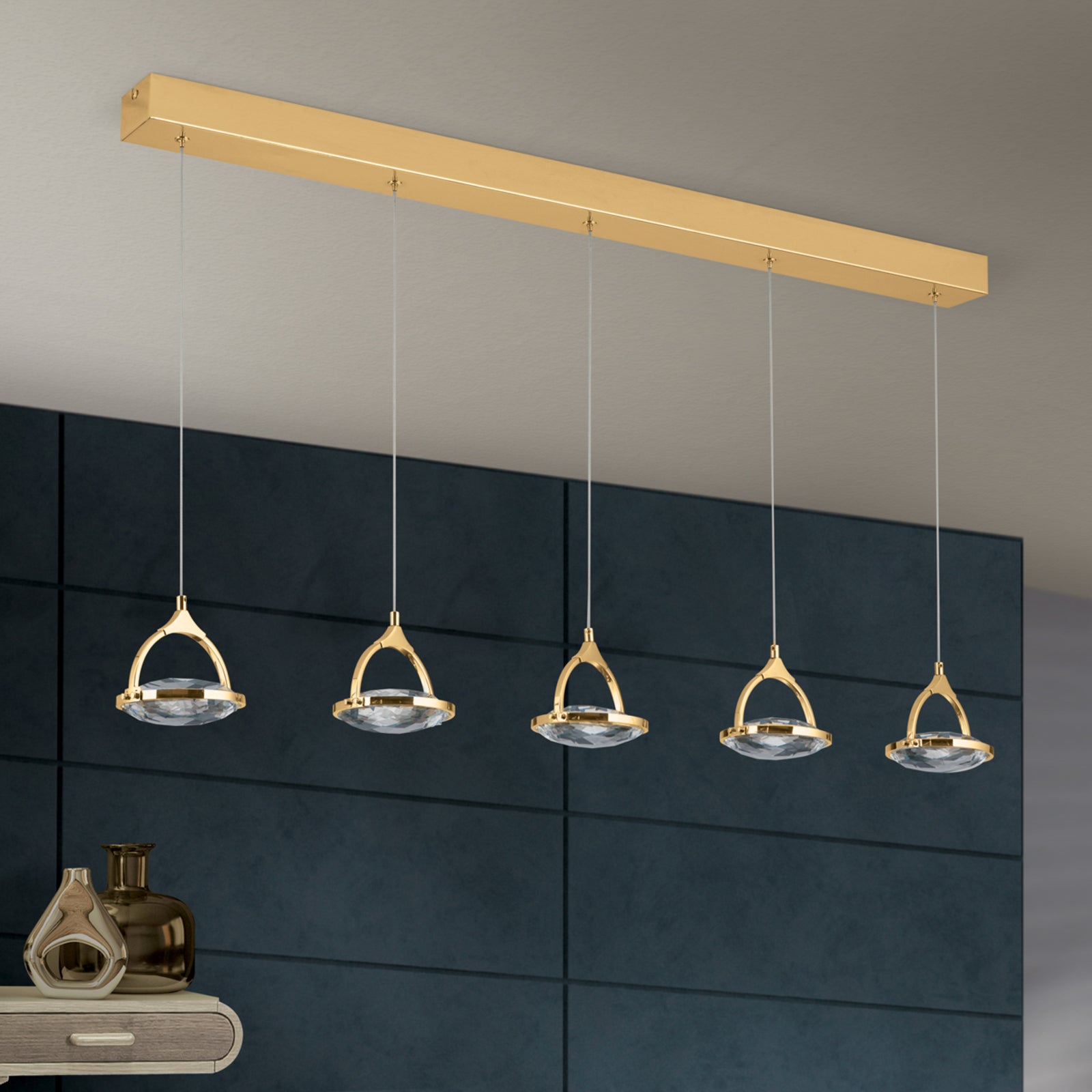 LED pendellampe Moon 5-lys gull krystall 100 cm dimbar bakside