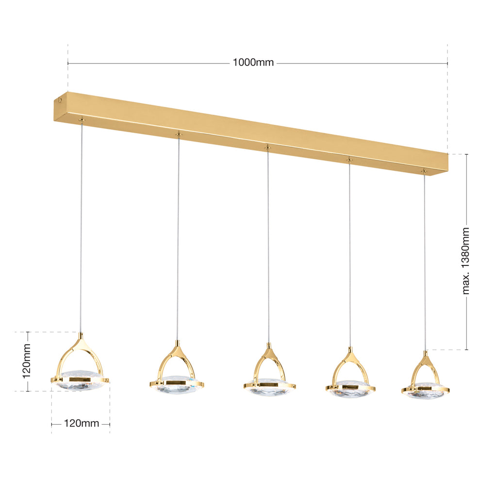 LED pendellampe Moon 5-lys gull krystall 100 cm dimbar nærbilde av lampe