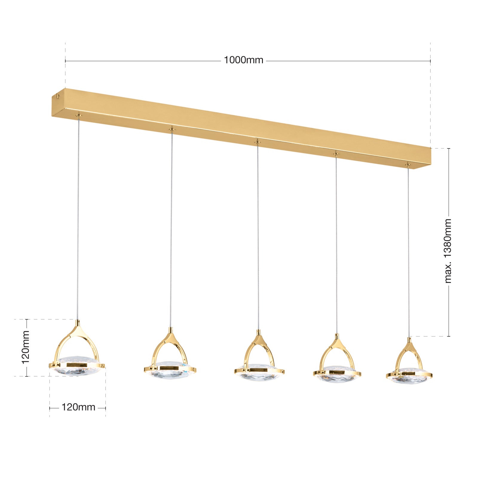 LED pendellampe Moon 5-lys gull krystall 100 cm dimbar nærbilde av lampe