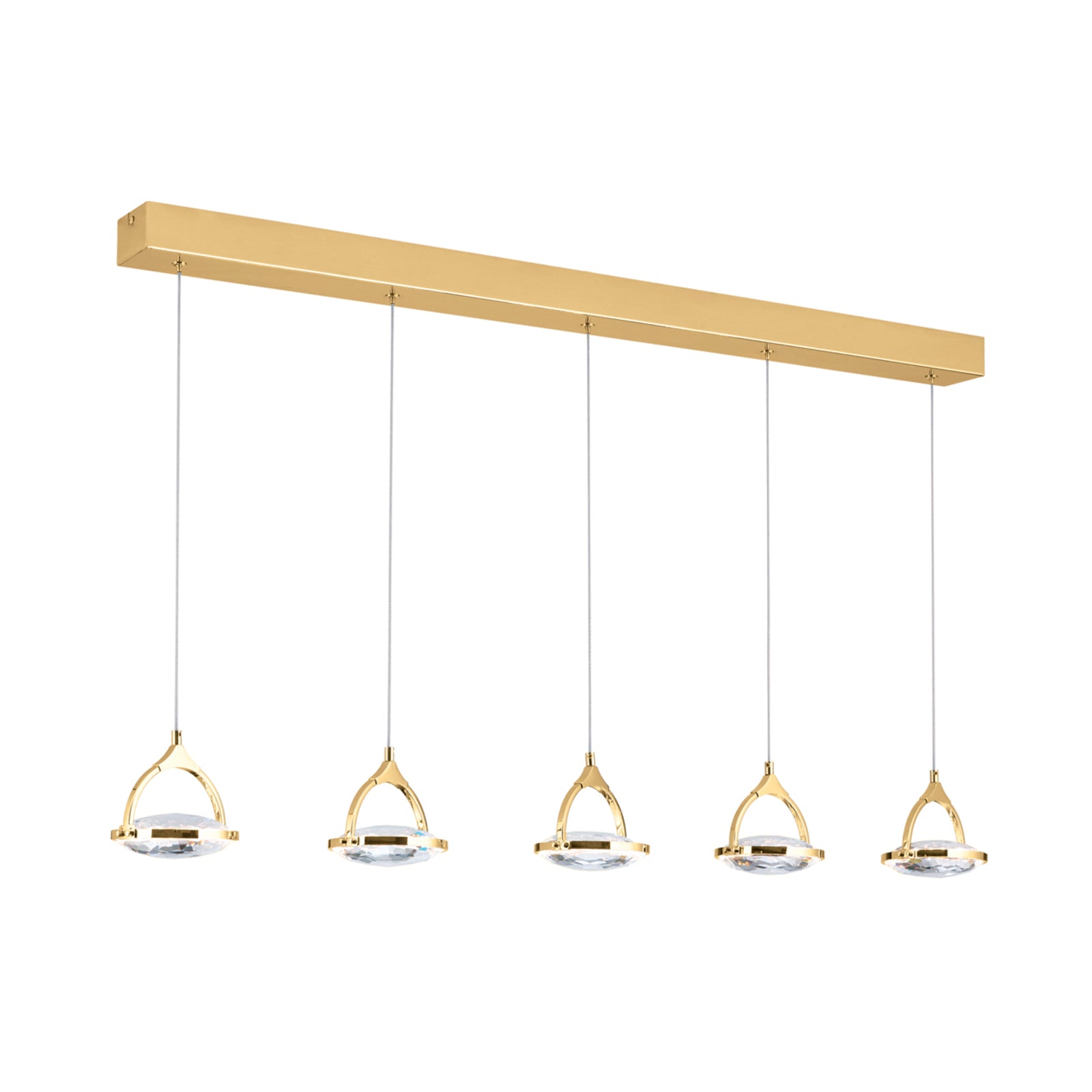 LED pendellampe Moon 5-lys gull krystall 100 cm dimbar lysdetalj
