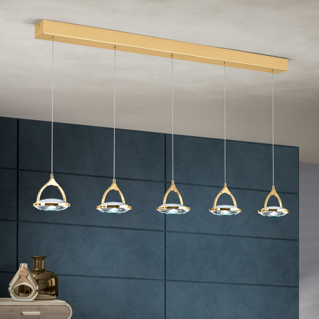 LED pendellampe Moon 5-lys gull krystall 100 cm dimbar oppheng