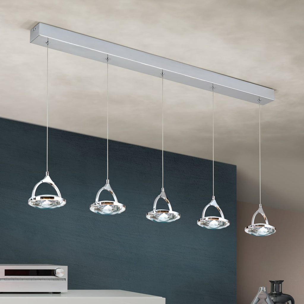 LED pendellampe Moon 5-lys krystall krom 100 cm dimbar foran