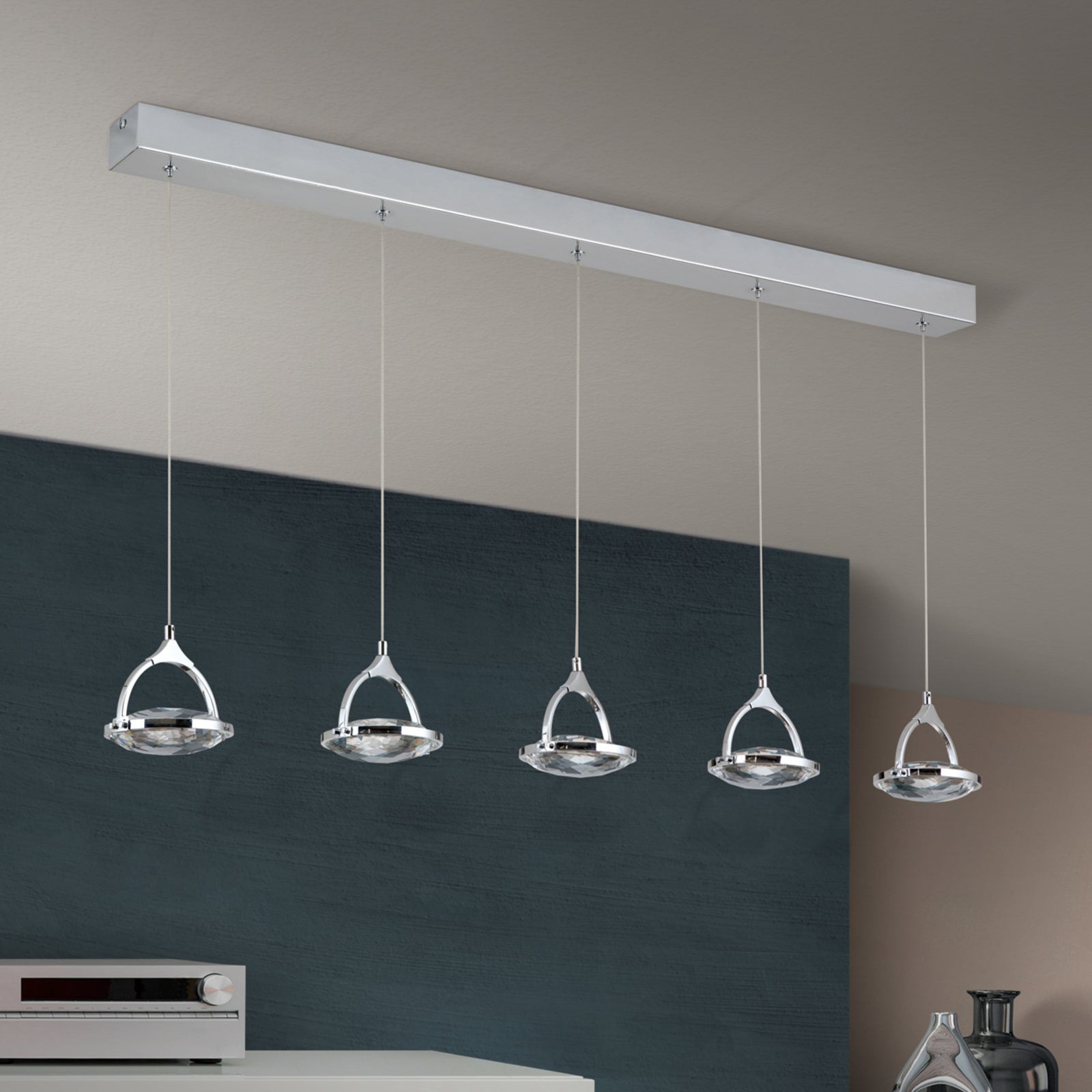 LED pendellampe Moon 5-lys krystall krom 100 cm dimbar bakside