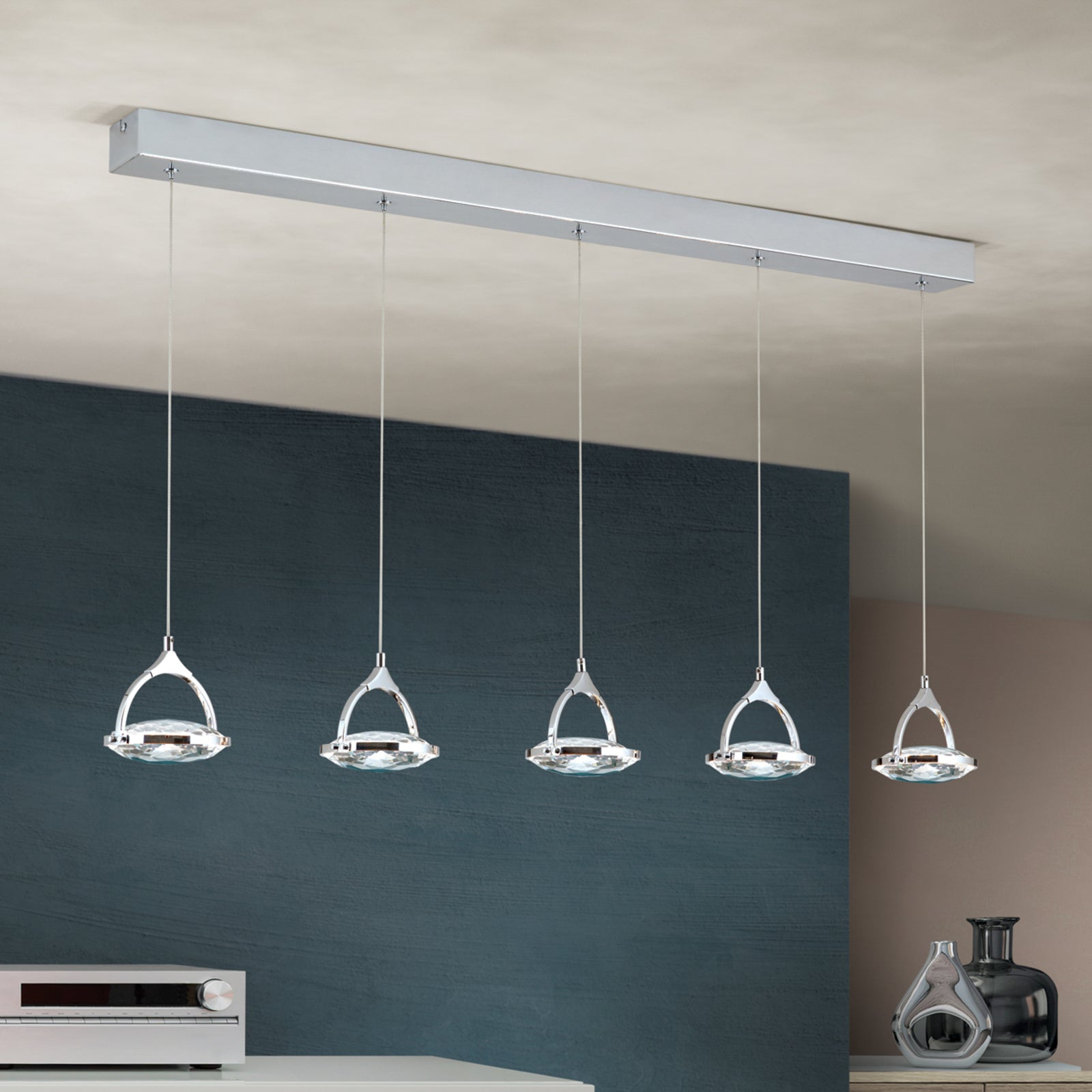 LED pendellampe Moon 5-lys krystall krom 100 cm dimbar oppheng