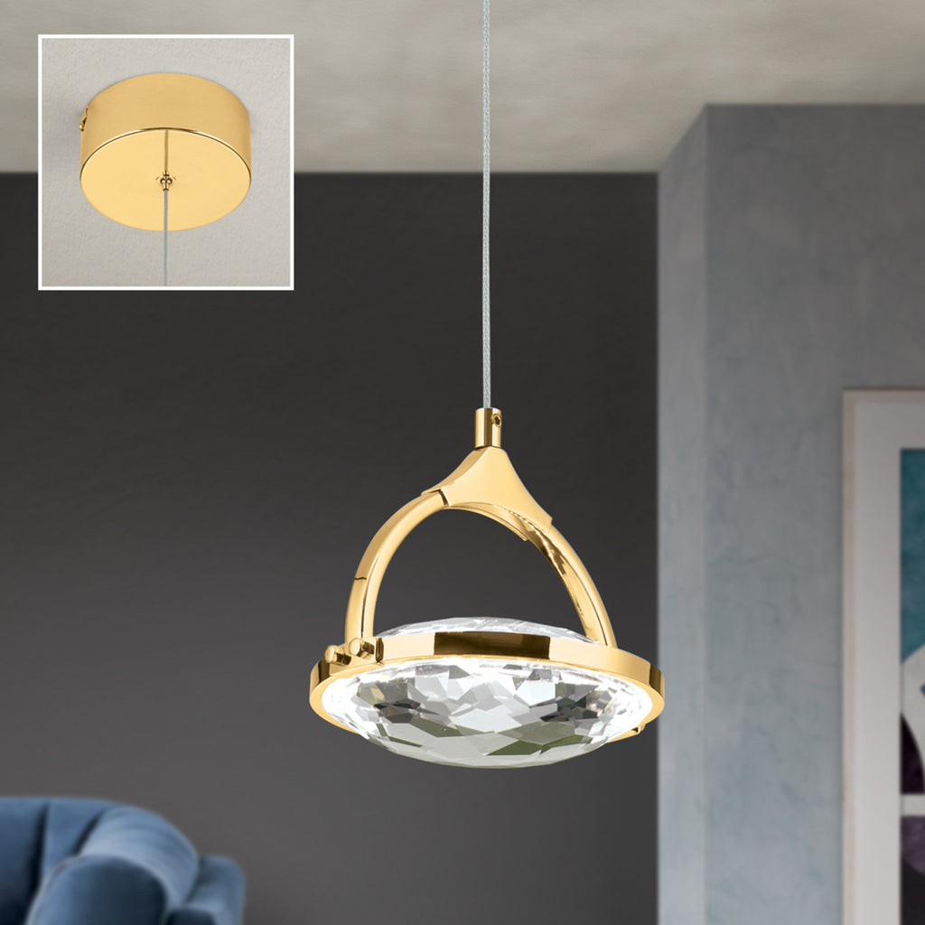 LED pendellampe Moon K9-krystallglass dimbar Ø12 cm gull foran