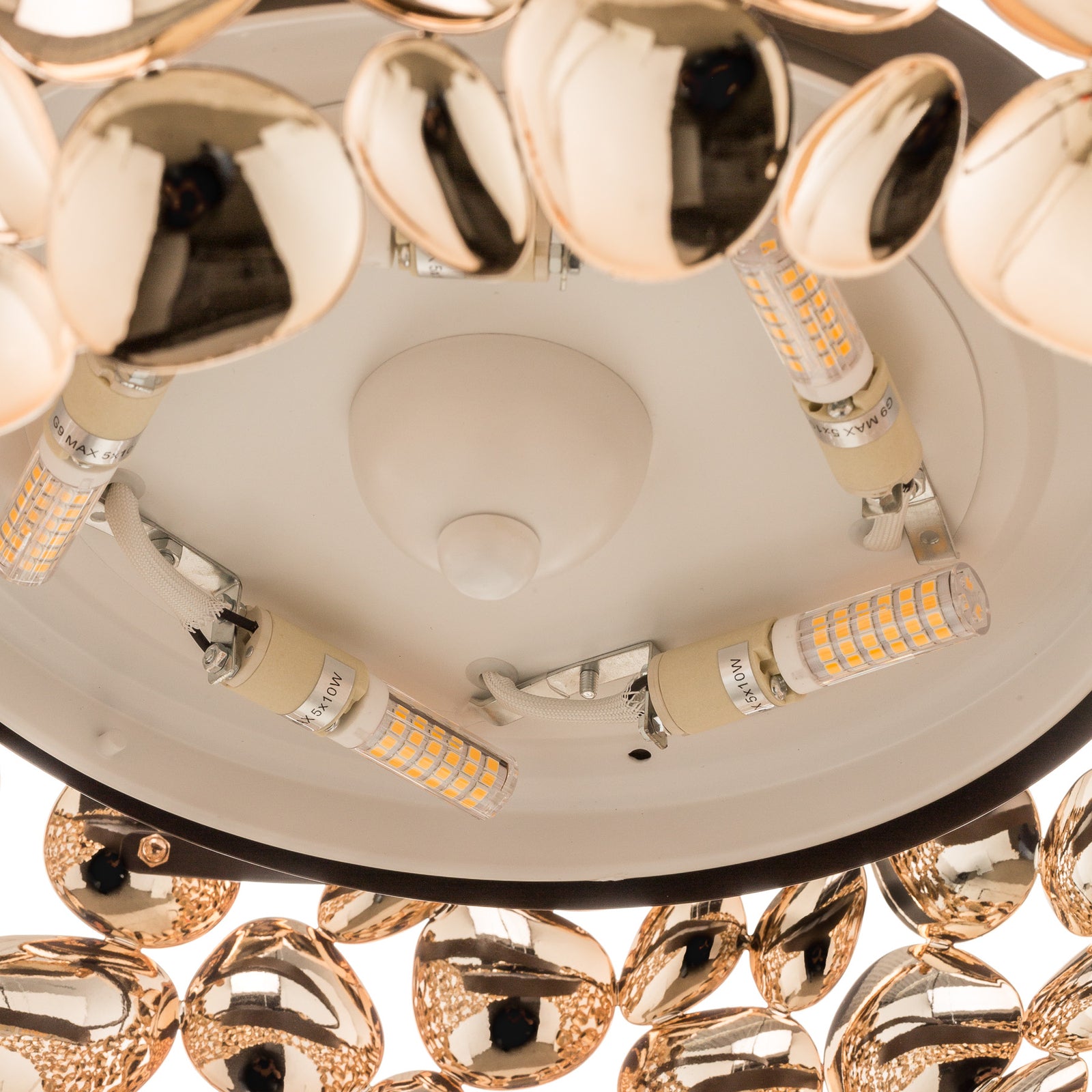 LED pendellampe Narisa G9 roségull/brun Ø46 cm detalj lyskilde