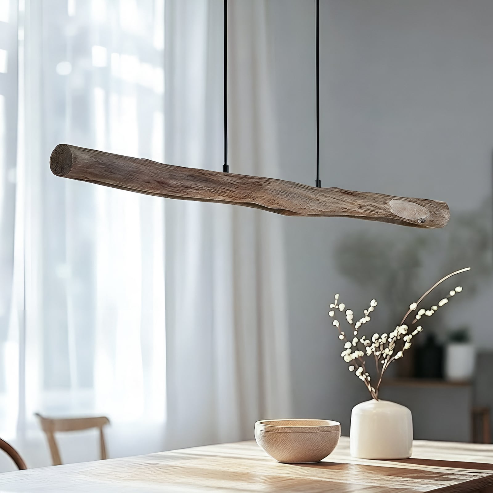 LED pendellampe Nekala svart eukalyptustre bakside