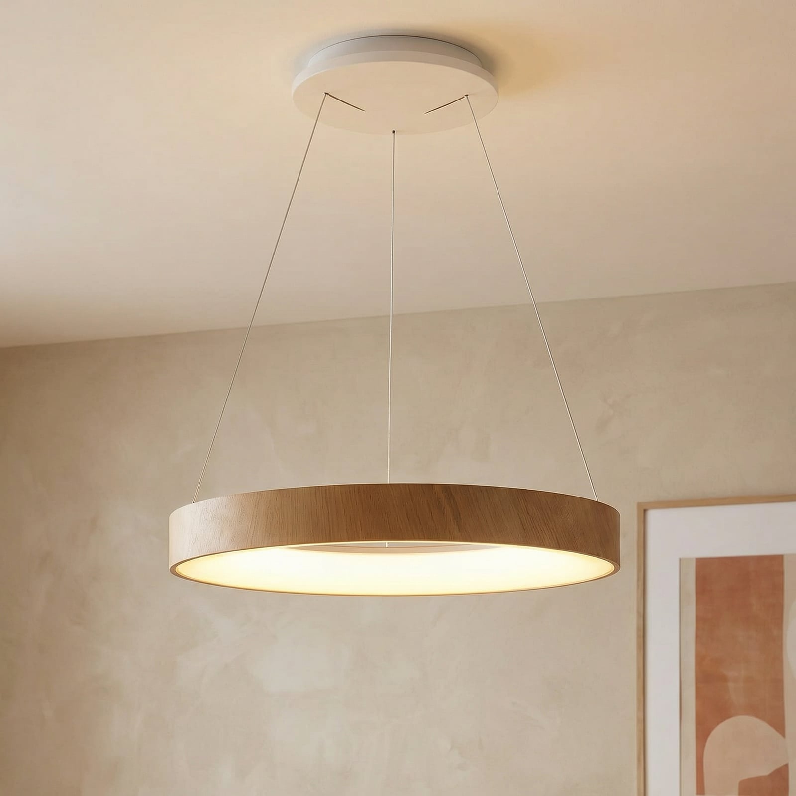 LED pendellampe Niseko II trefarget Ø38 cm CCT fjernkontroll detalj av lys
