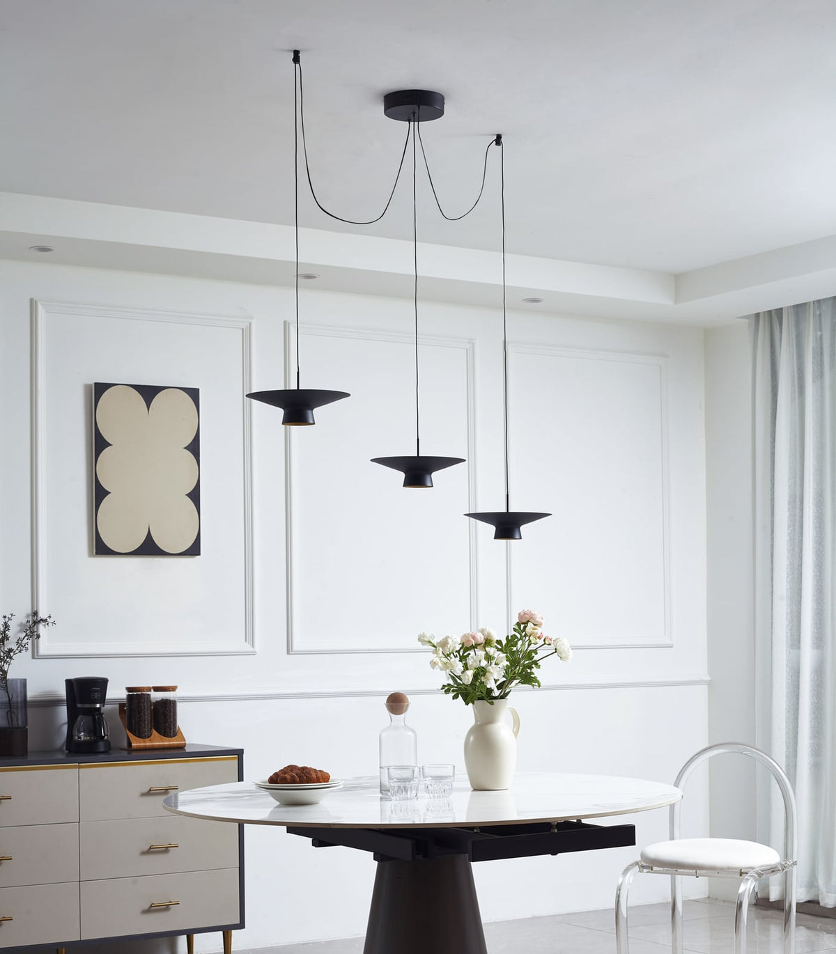 LED pendellampe Norvind 6-lys dimbar svart 120 cm detalj av lampeskjerm