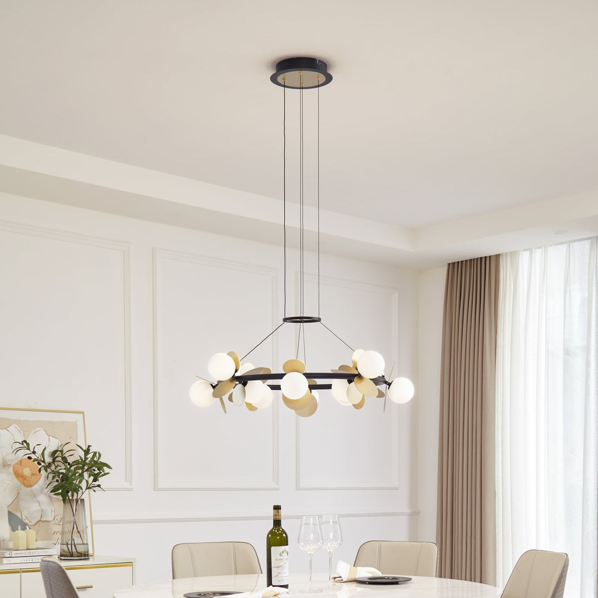 LED pendellampe Pallo 12-lys glass svart/gull Ø80 cm forfra