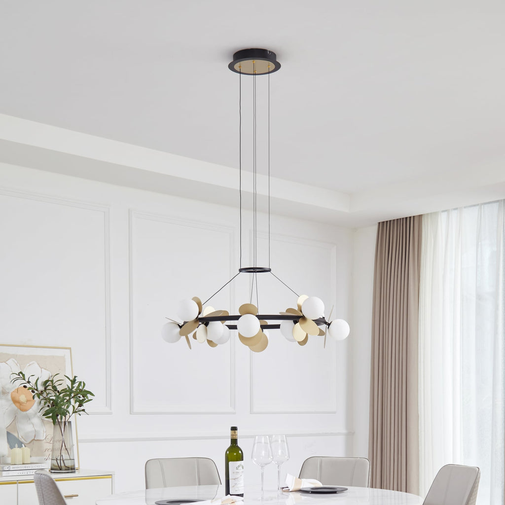 LED pendellampe Pallo 12-lys glass svart/gull Ø80 cm bakside