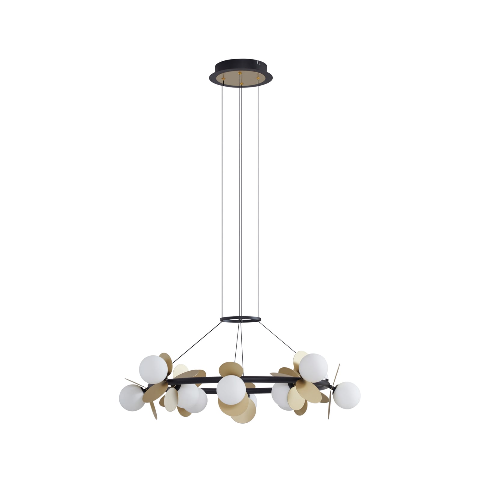 LED pendellampe Pallo 12-lys glass svart/gull Ø80 cm detalj av glasskule