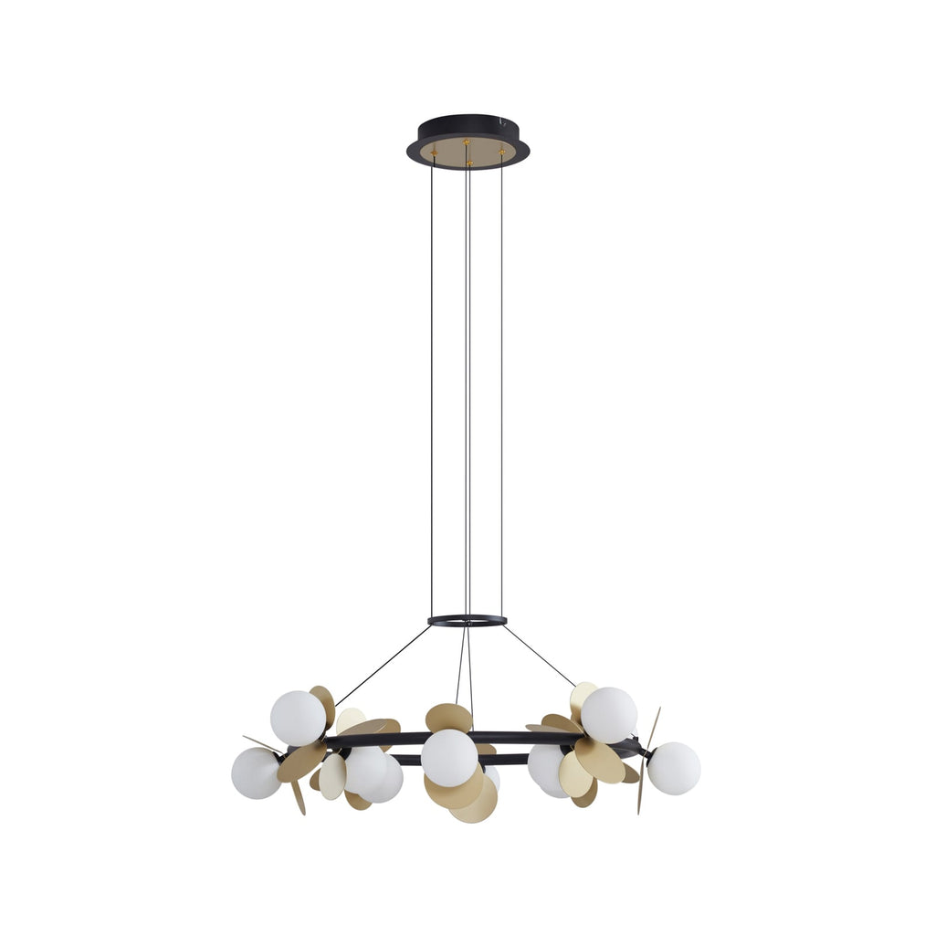 LED pendellampe Pallo 12-lys glass svart/gull Ø80 cm detalj av glasskule