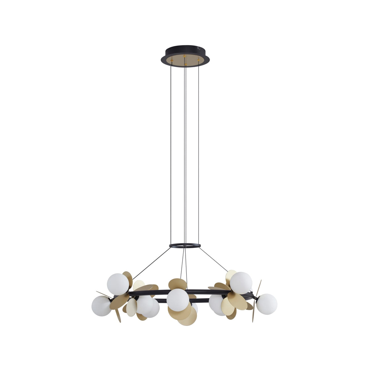 LED pendellampe Pallo 12-lys glass svart/gull Ø80 cm detalj av glasskule