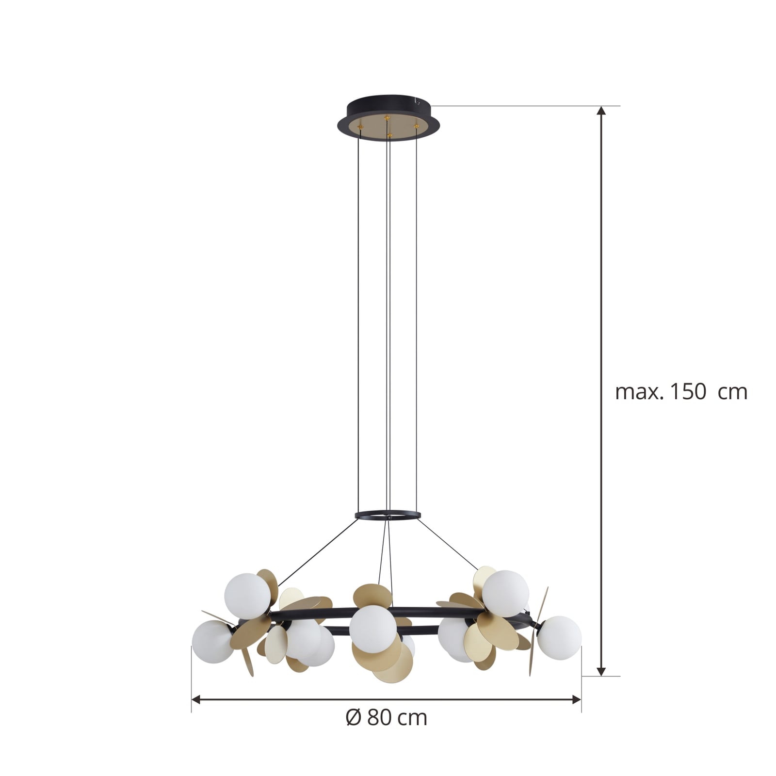 LED pendellampe Pallo 12-lys glass svart/gull Ø80 cm montert i rom