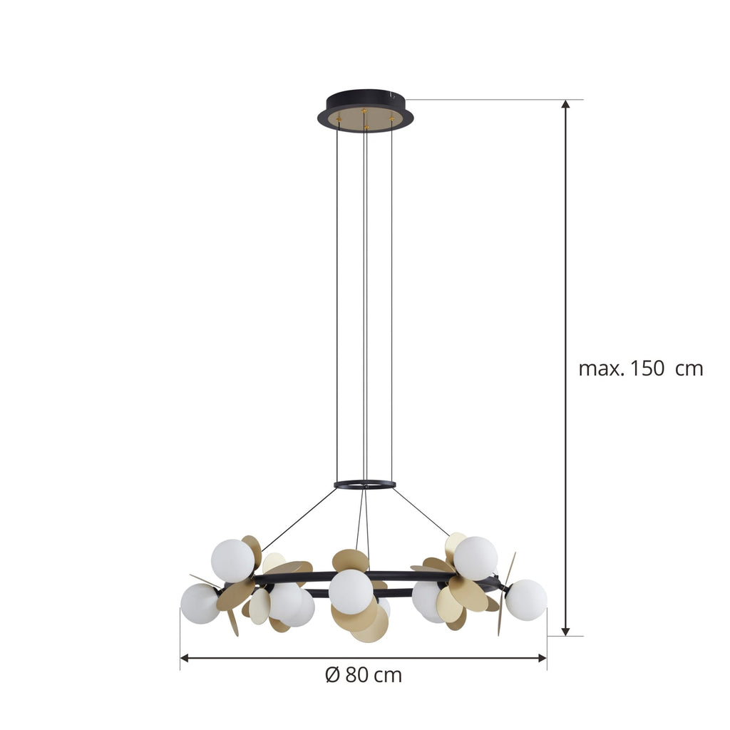LED pendellampe Pallo 12-lys glass svart/gull Ø80 cm montert i rom