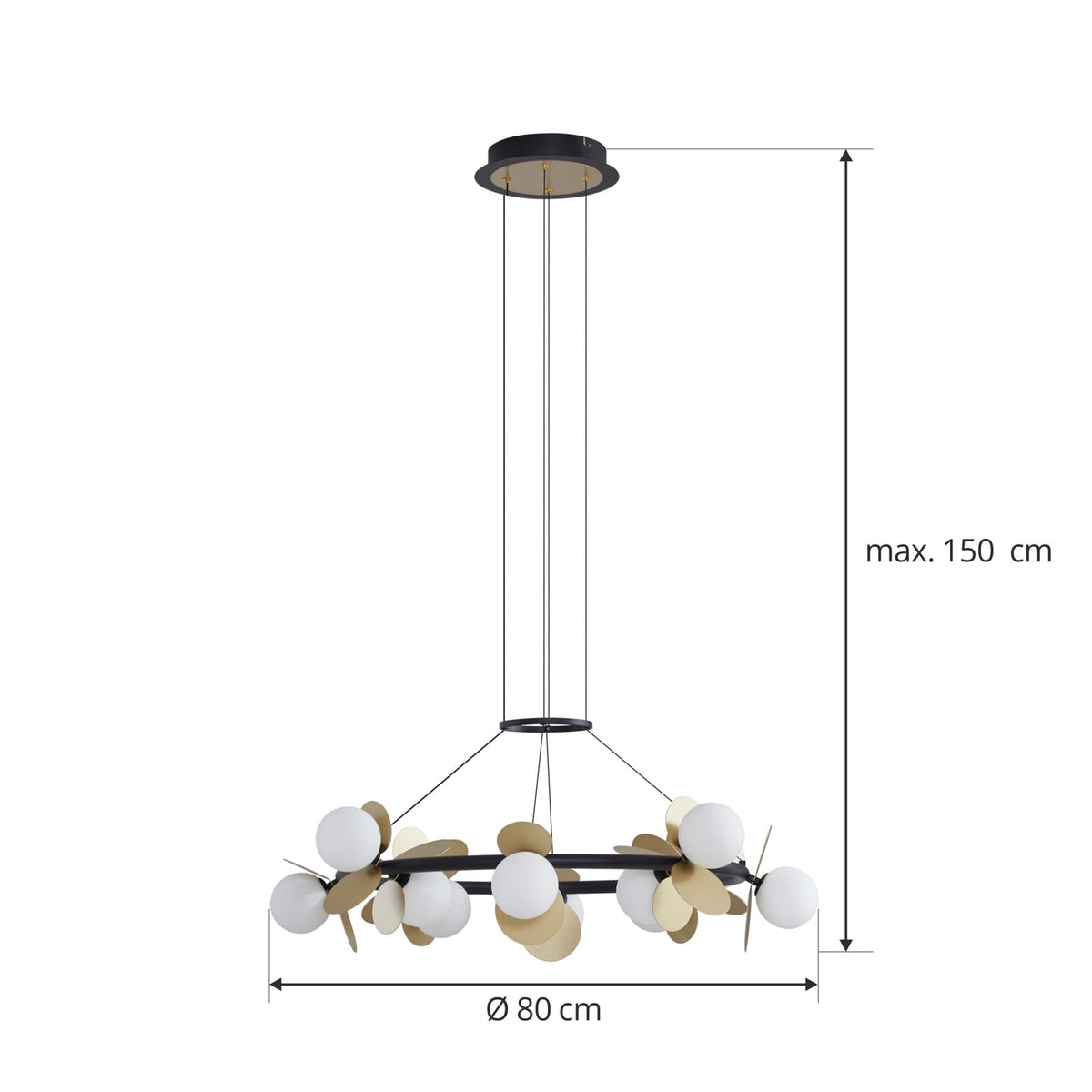 LED pendellampe Pallo 12-lys glass svart/gull Ø80 cm montert i rom