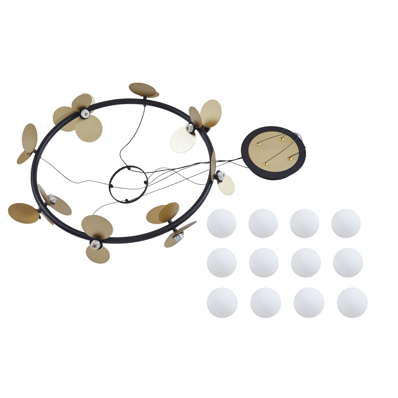 LED pendellampe Pallo 12-lys glass svart/gull Ø80 cm lys i bruk