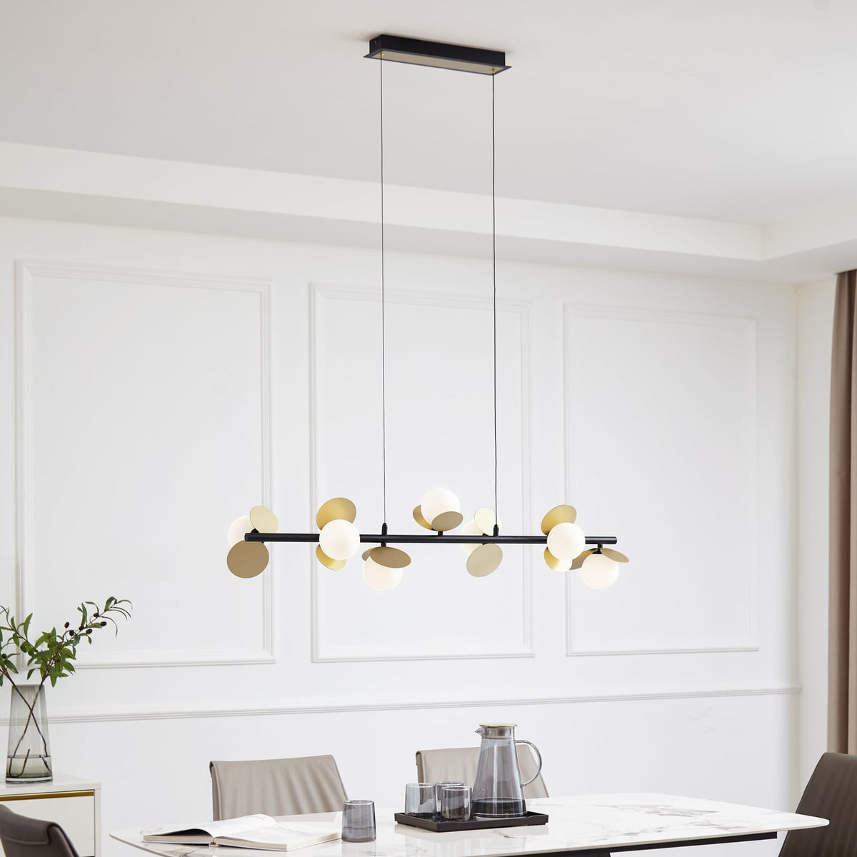 LED pendellampe Pallo 7-lys svart/gull glass dimbar 100 cm forfra