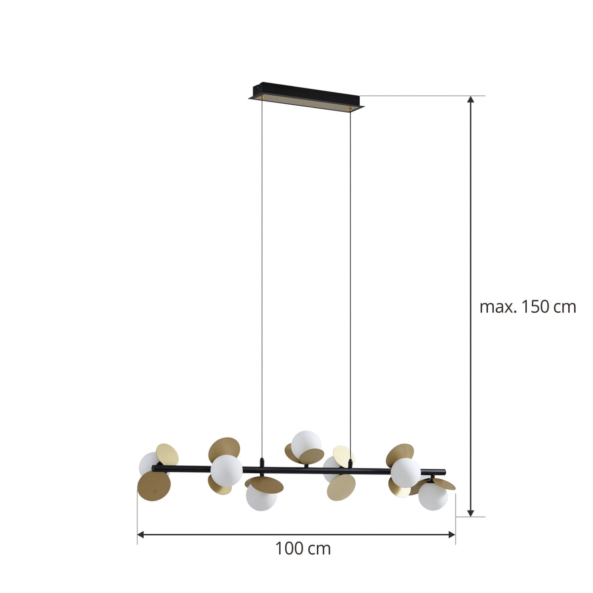 LED pendellampe Pallo 7-lys svart/gull glass dimbar 100 cm montert over bord