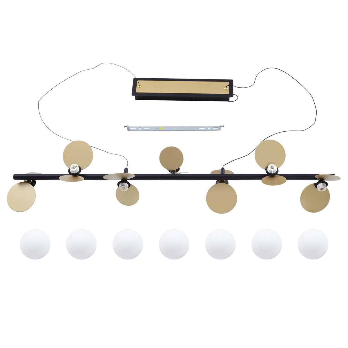 LED pendellampe Pallo 7-lys svart/gull glass dimbar 100 cm med lys på