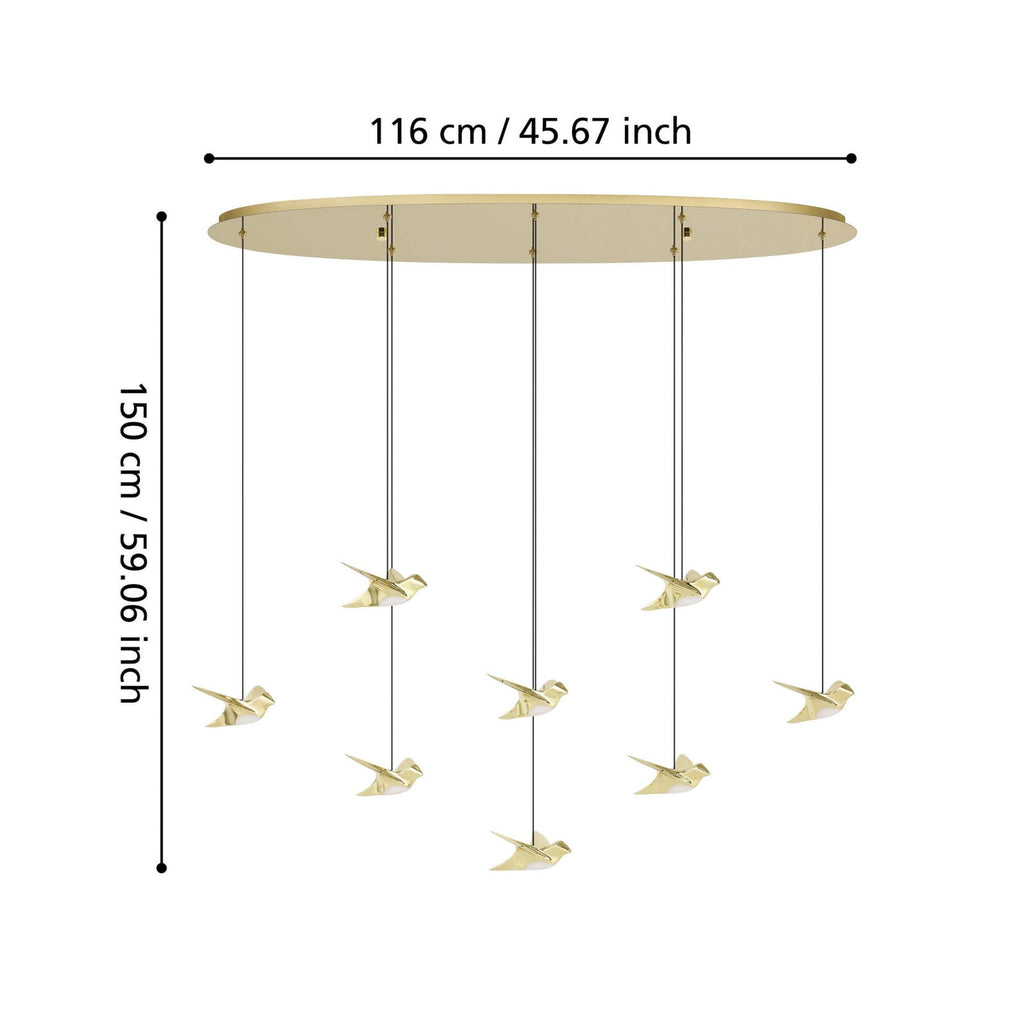 LED pendellampe Paratebueno 8-lys messing dimbar 24W detalj av metallfugler