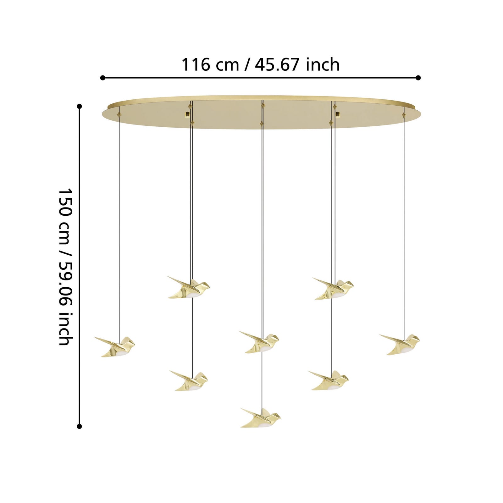 LED pendellampe Paratebueno 8-lys messing dimbar 24W detalj av metallfugler