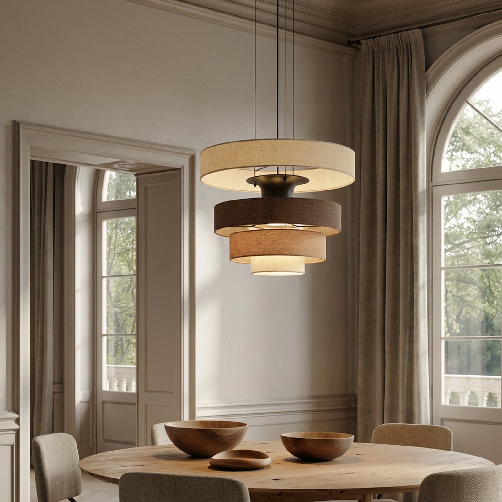 LED pendellampe Peldano tekstil brun/beige Ø50 cm bakside
