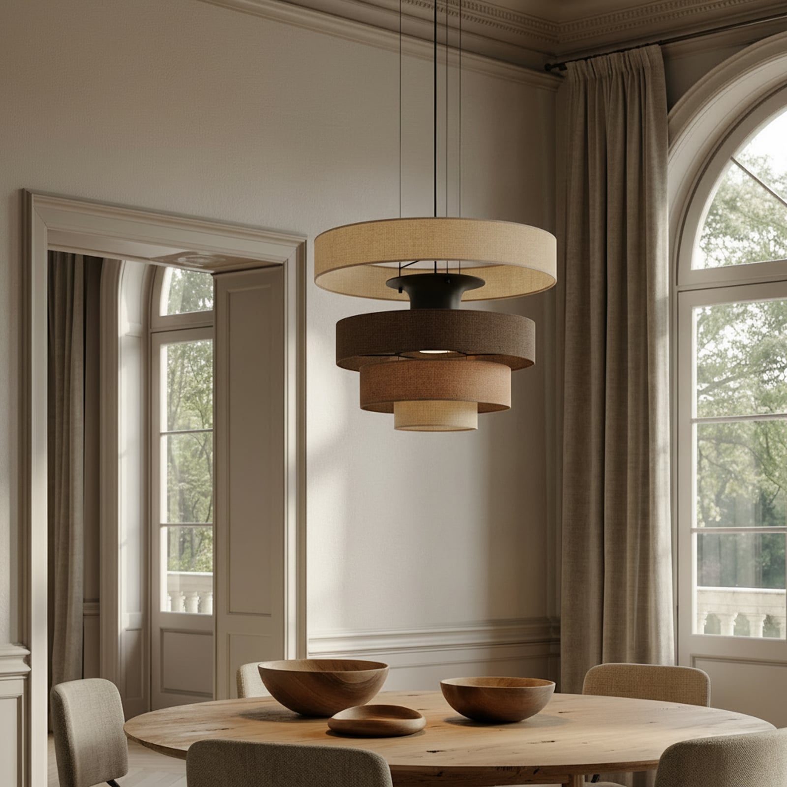LED pendellampe Peldano tekstil brun/beige Ø50 cm montert i rom