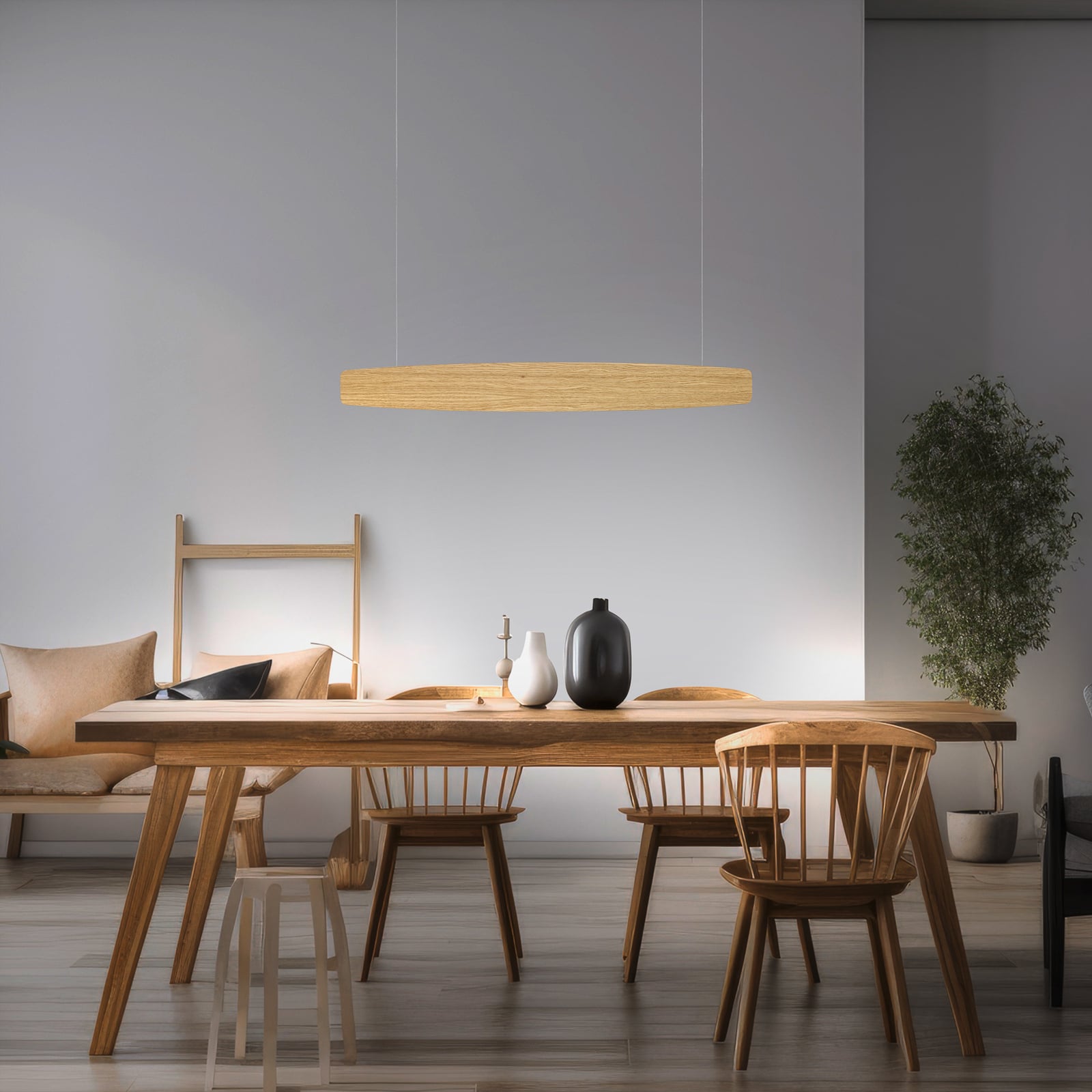 LED pendellampe Persida eik dimbar 98 cm 2700K Quitani detalj av eikeoverflate