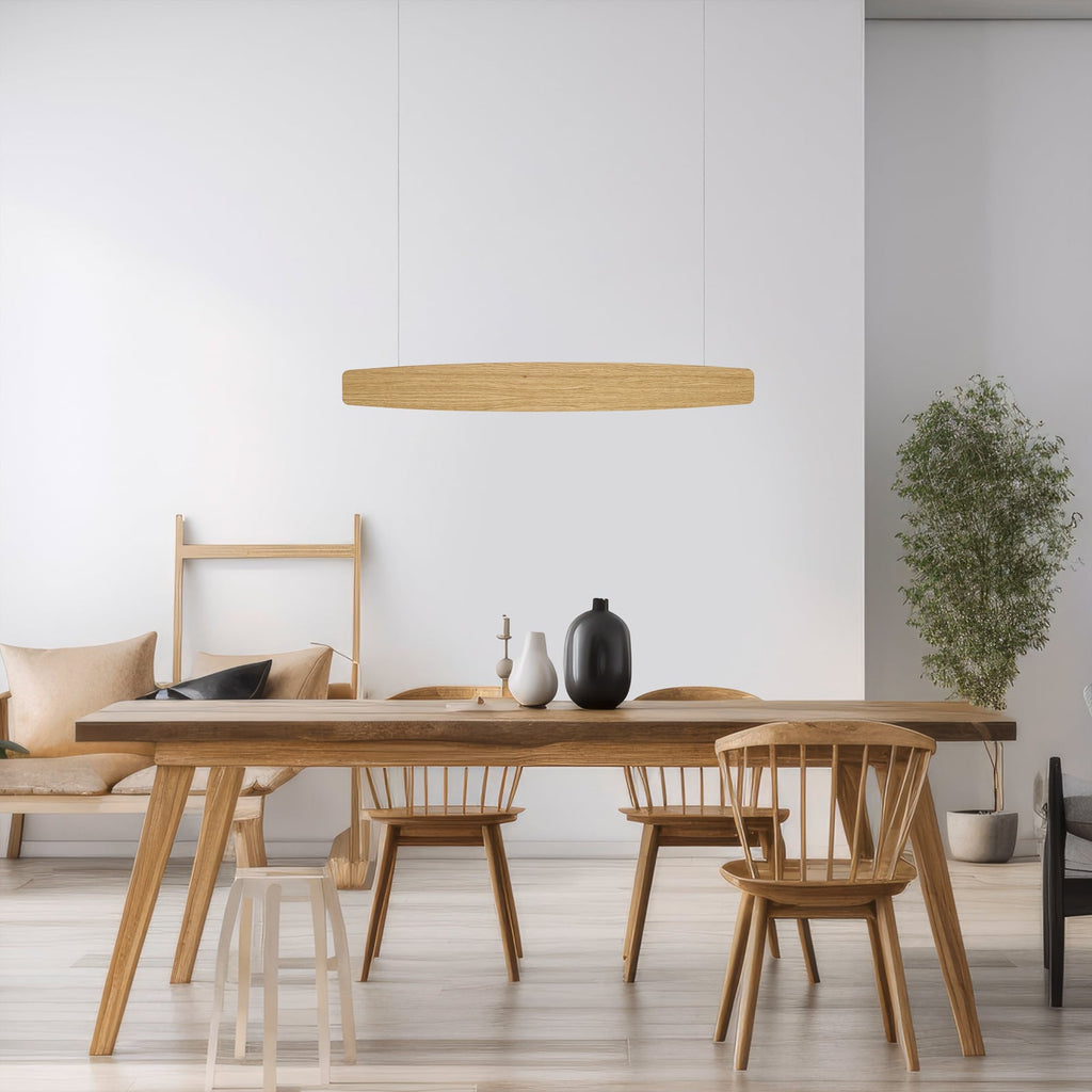 LED pendellampe Persida eik dimbar 98 cm 2700K Quitani montert i rom