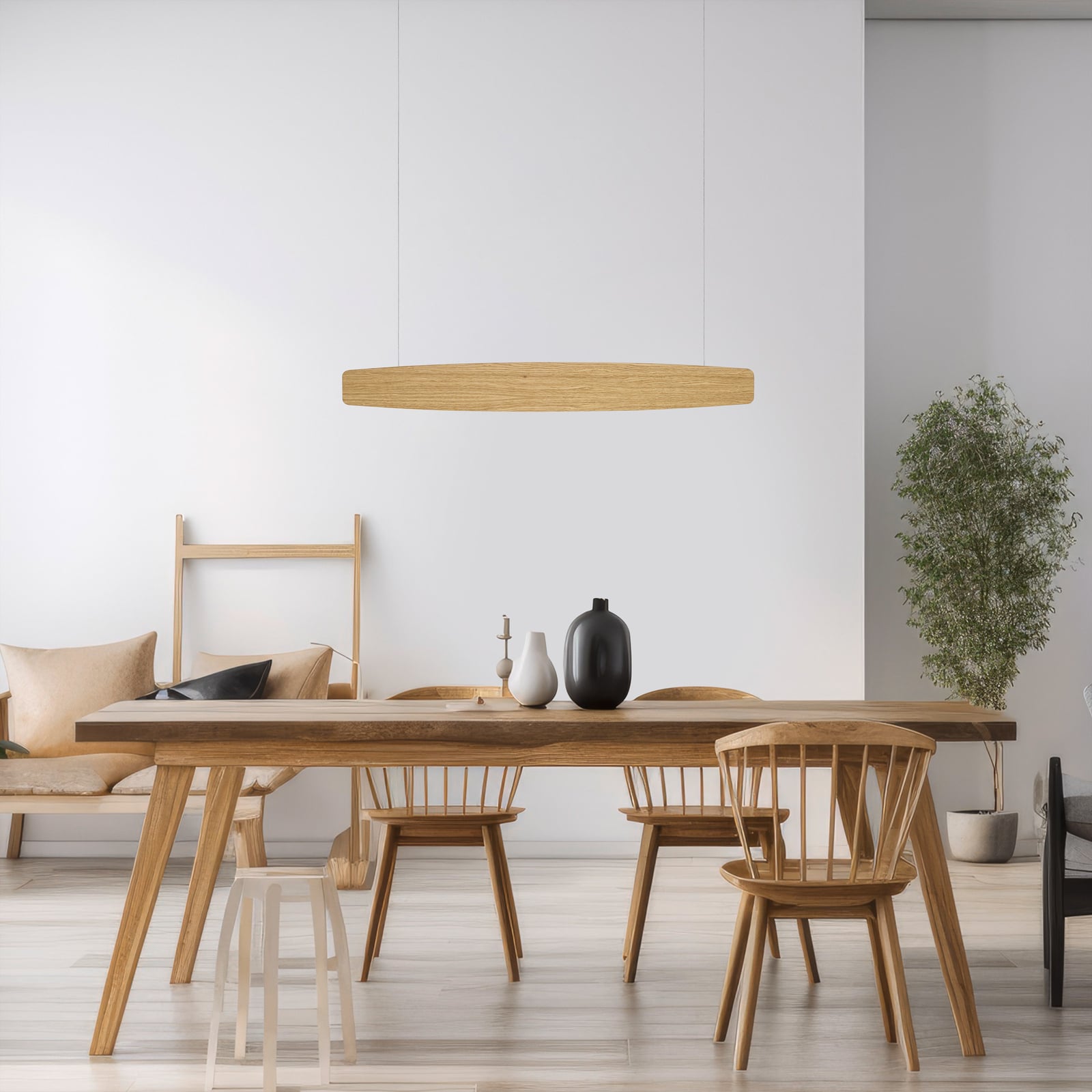 LED pendellampe Persida eik dimbar 98 cm 2700K Quitani montert i rom
