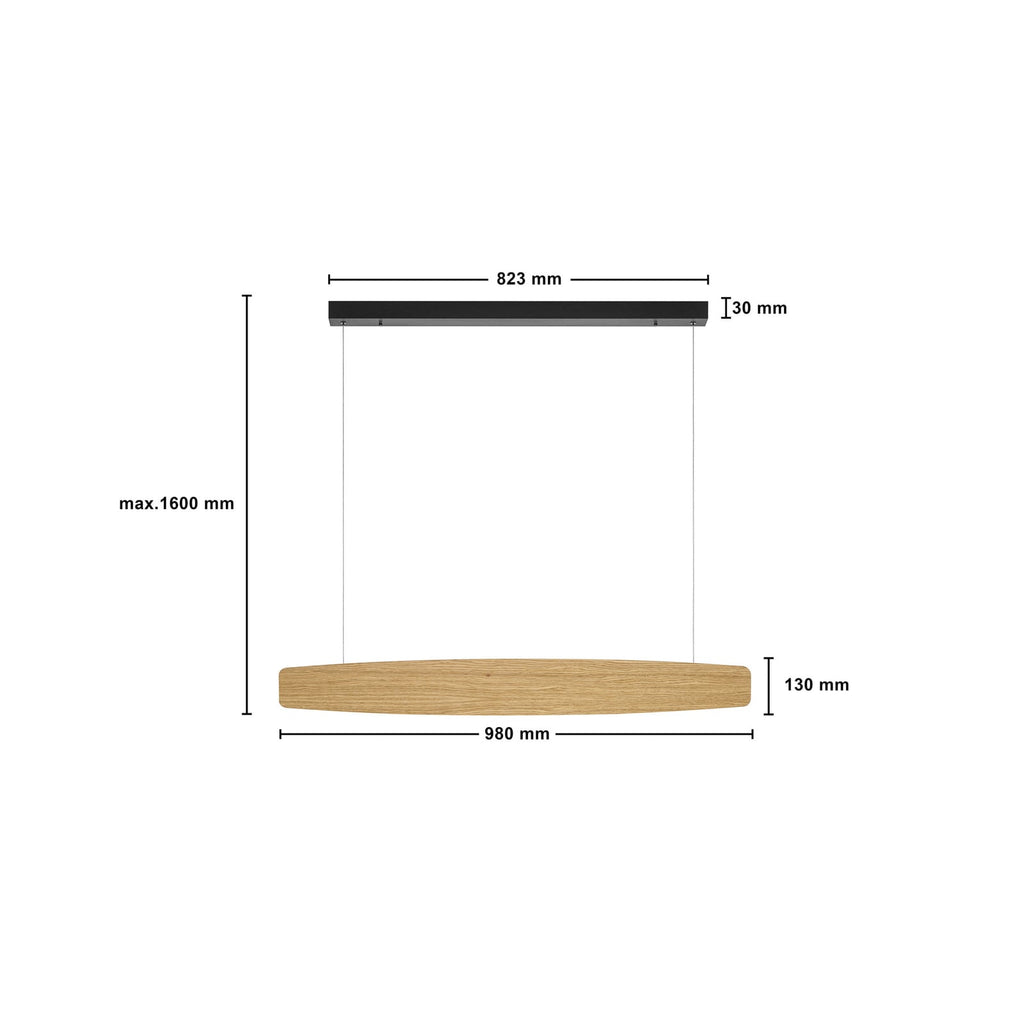 LED pendellampe Persida eik dimbar 98 cm 2700K Quitani lyser opp rom