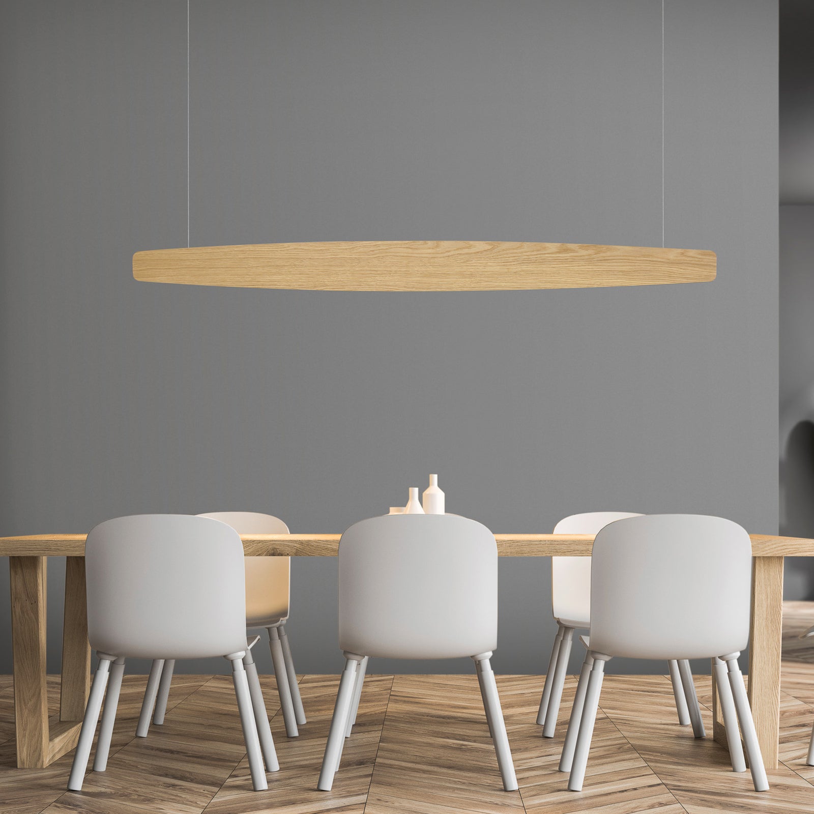 Detalj av eikeskjerm på LED pendellampe Persida