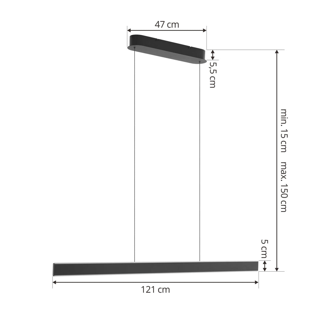 LED pendellampe Philine svart jern dimbar 121 cm montert i rom