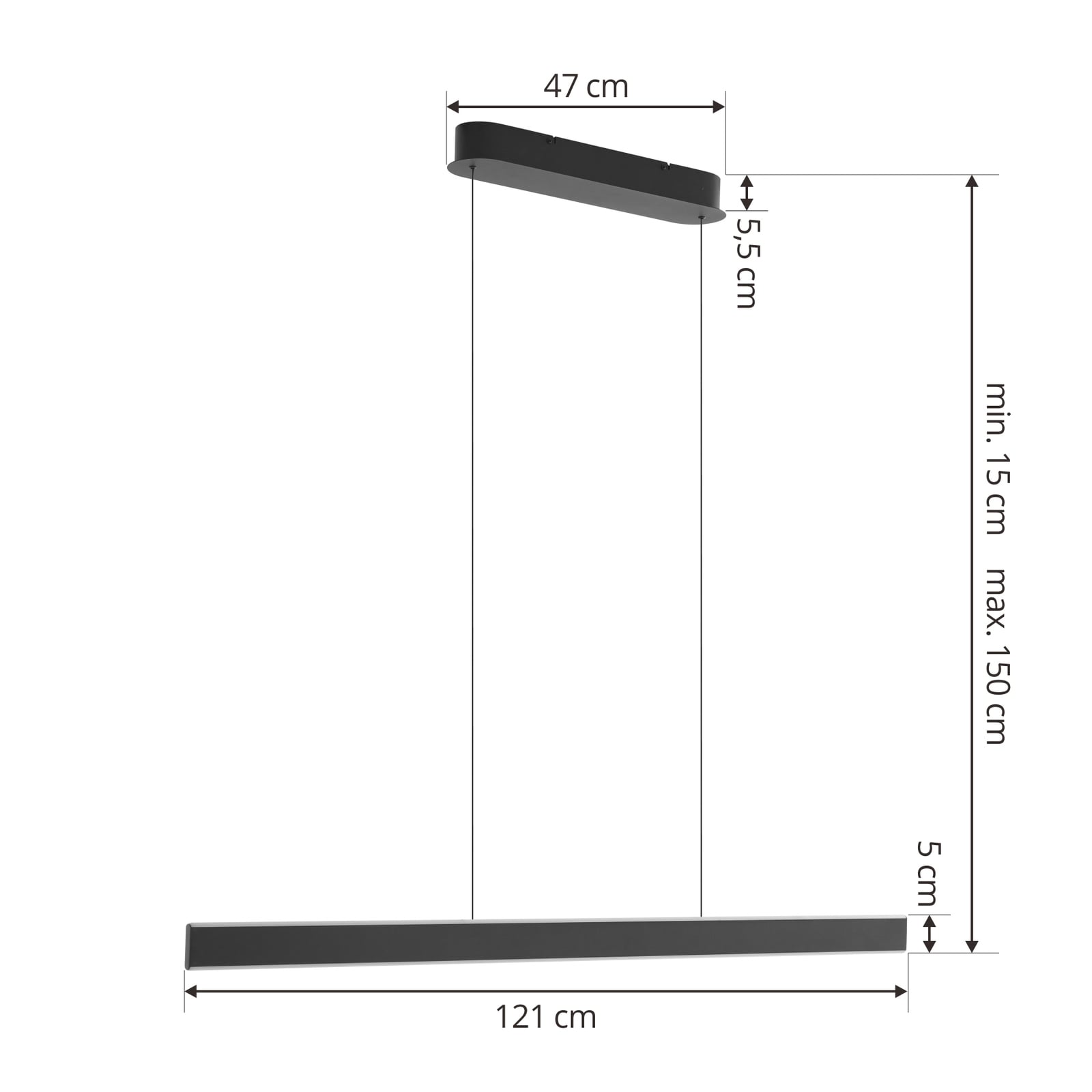 LED pendellampe Philine svart jern dimbar 121 cm montert i rom