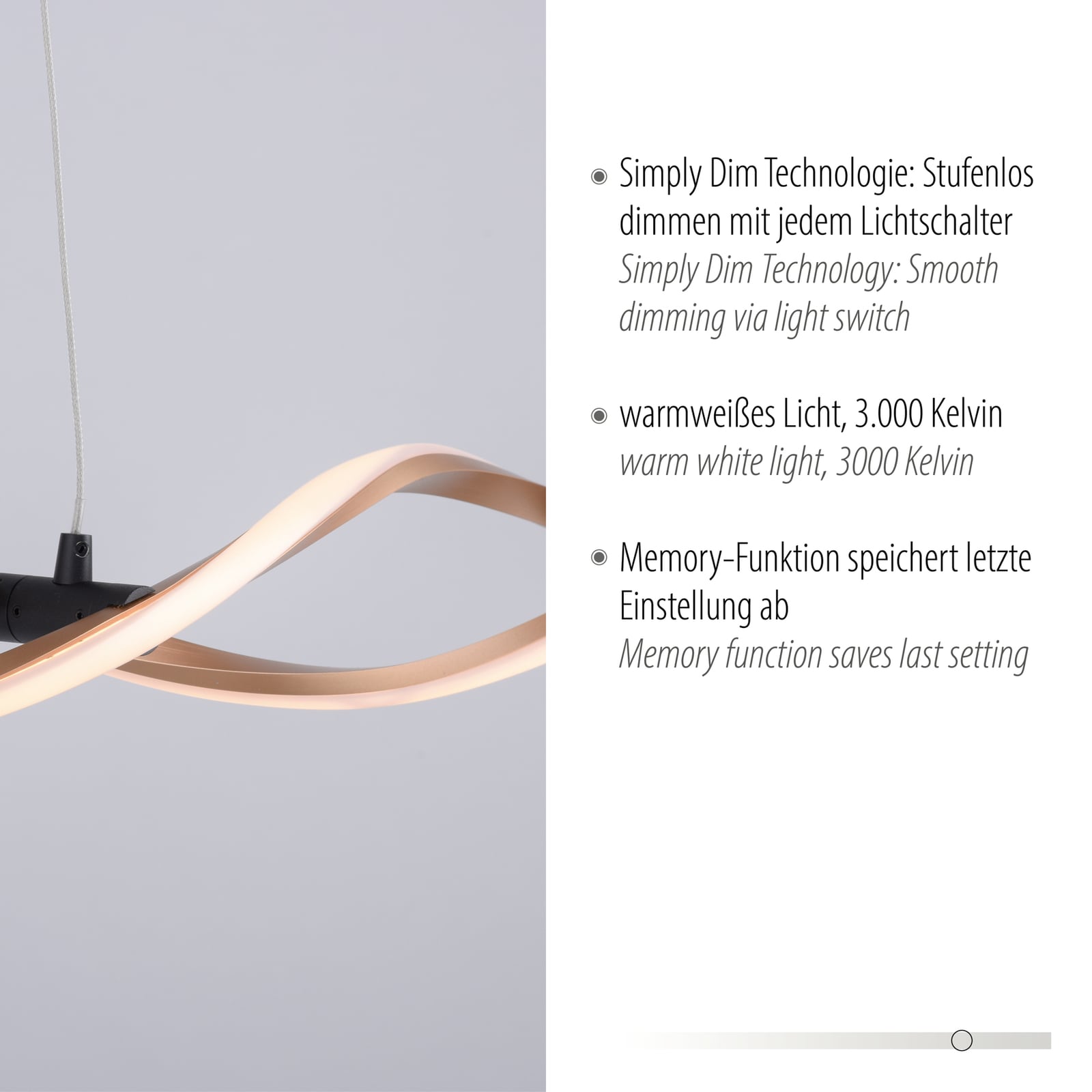LED pendellampe Polina dimbar gull 110 cm dimmekontroll
