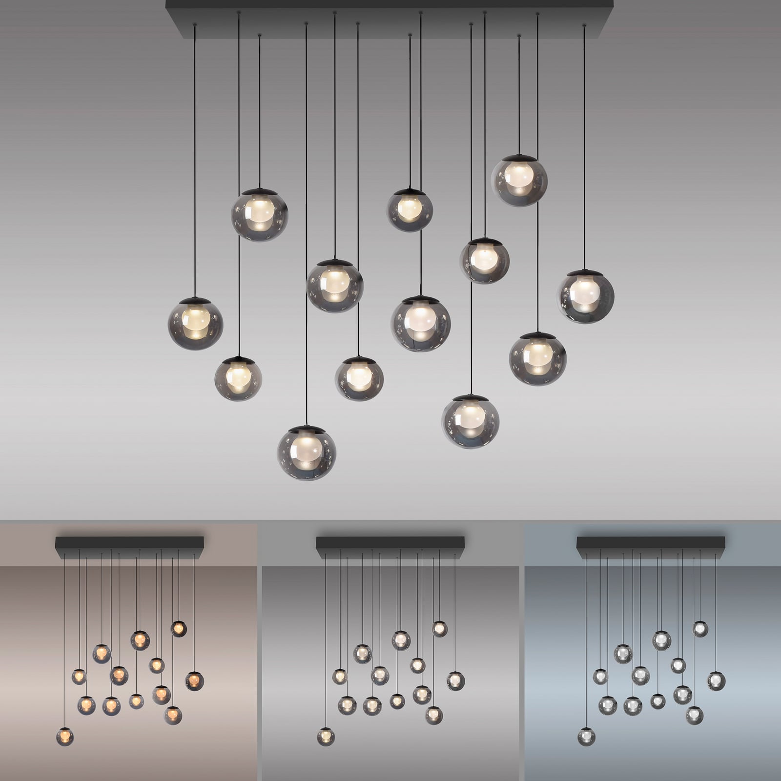 Sidebilde av LED pendellampe Popup 13-lys glass grå CCT dimbar